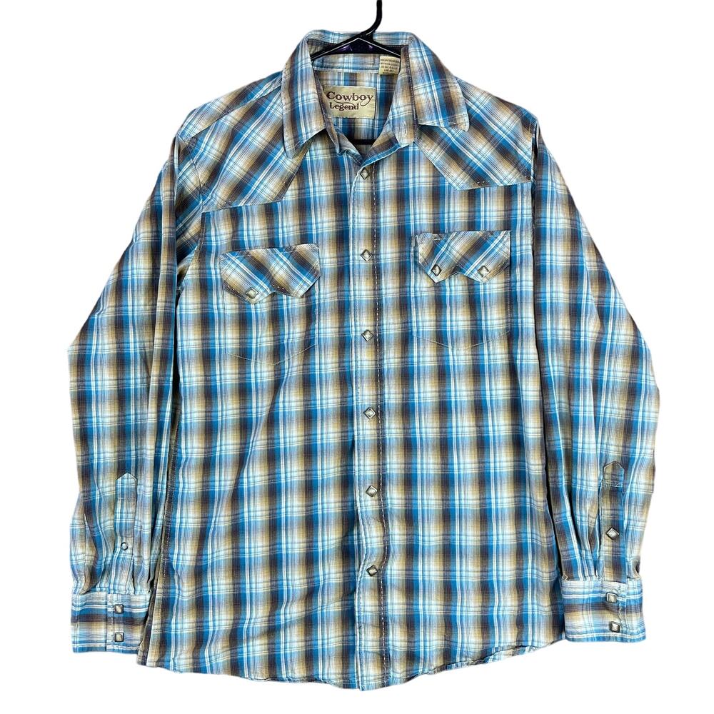 Cowboy Legend Mens Shirt Tan Brown Blue Plaid Pearl Snap Long Sleeve Medium